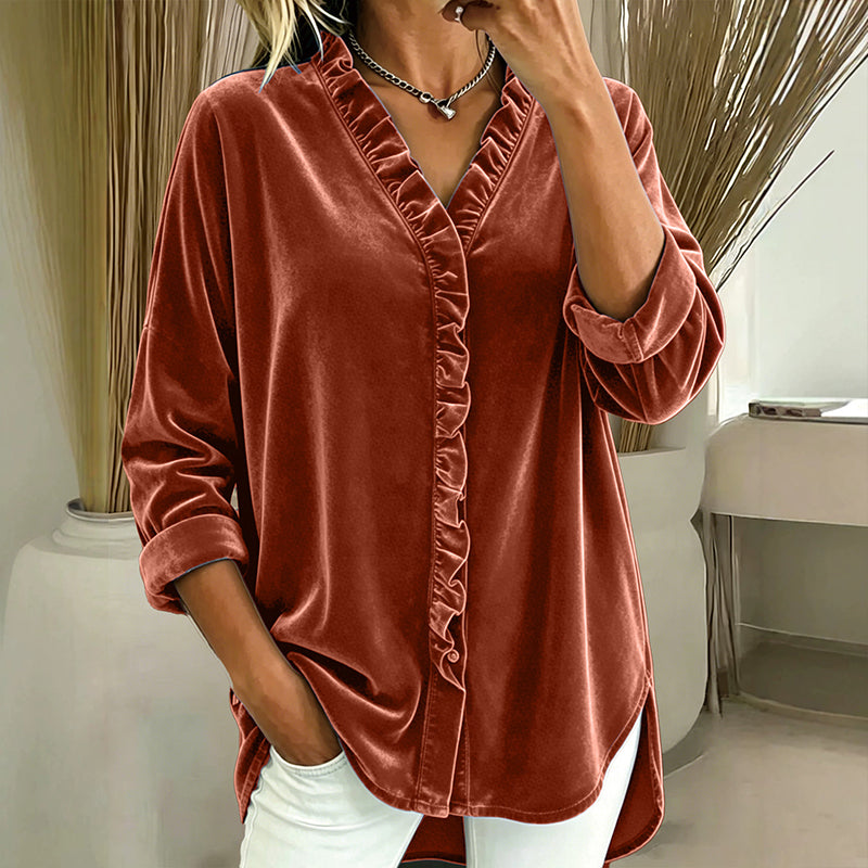 Women's Solid Color Ruffle Neck Blouse