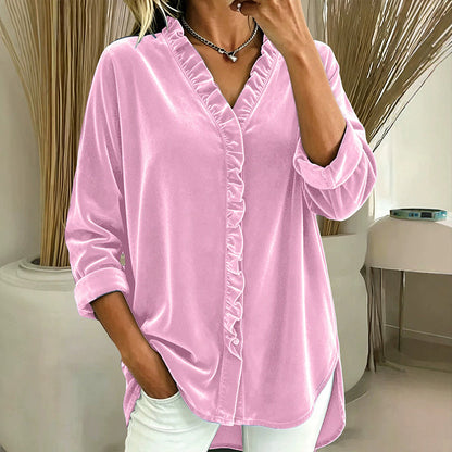Women's Solid Color Ruffle Neck Blouse