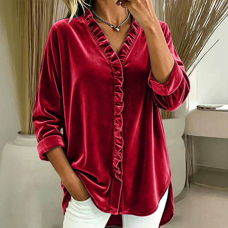 Women's Solid Color Ruffle Neck Blouse