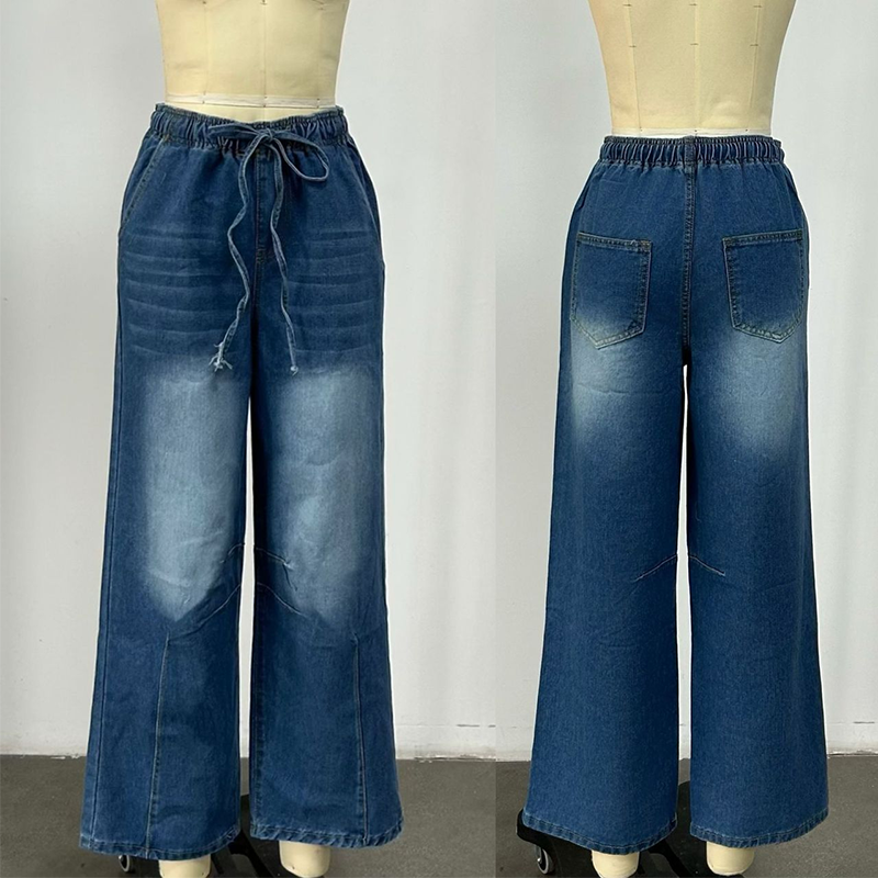 Women's Elastic Waist Wide Leg Denim Pants