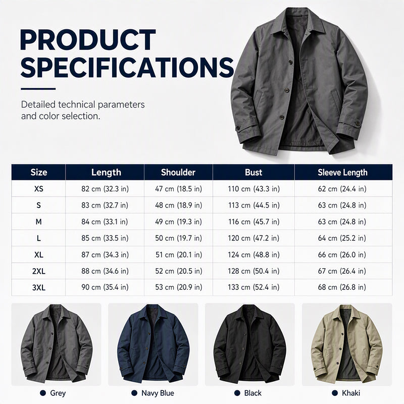 Men's trench coat size chart and product specifications for XS to 3XL