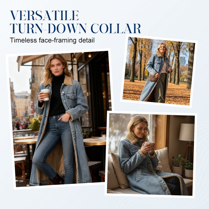 ⌛Limited-Time Offer 🛍️ Women's Warm Lined Long Denim Coat