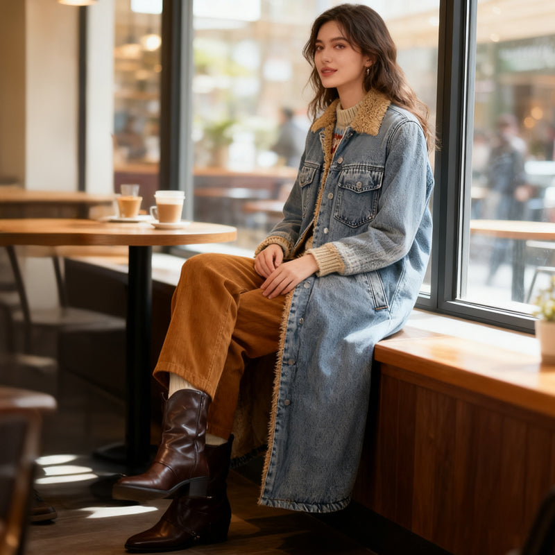 ⌛Limited-Time Offer 🛍️ Women's Warm Lined Long Denim Coat