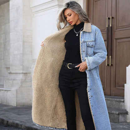 ⌛Limited-Time Offer 🛍️ Women's Warm Lined Long Denim Coat