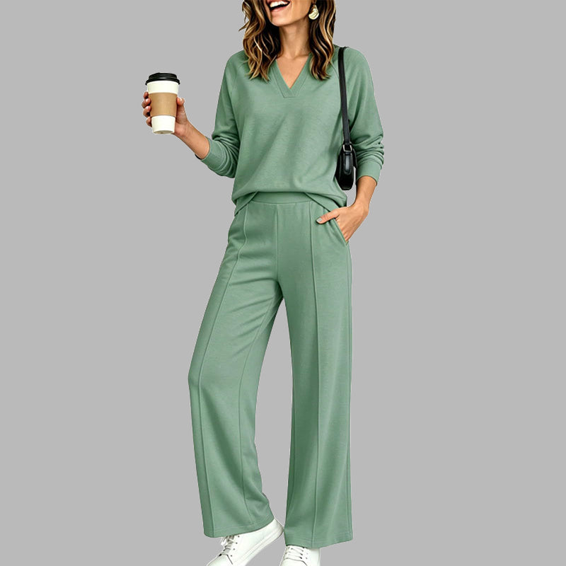 🎉 2 Pieces, Endless Possibilities | Women's V-Neck Top & Wide-Leg Pants Set