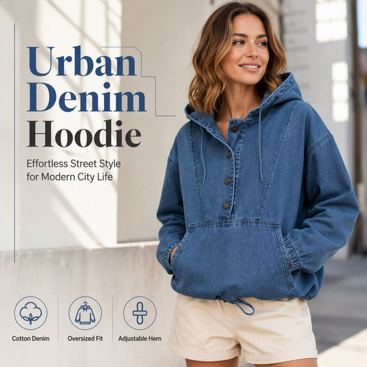 💙 Denim Comfort, Easy Layers | Women's Oversized Button-Up Denim Hoodie