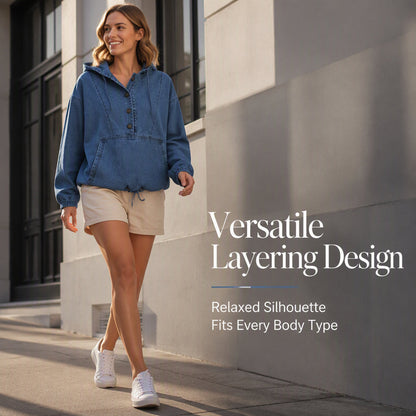 💙 Denim Comfort, Easy Layers | Women's Oversized Button-Up Denim Hoodie