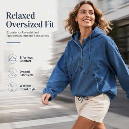 💙 Denim Comfort, Easy Layers | Women's Oversized Button-Up Denim Hoodie