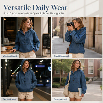 💙 Denim Comfort, Easy Layers | Women's Oversized Button-Up Denim Hoodie