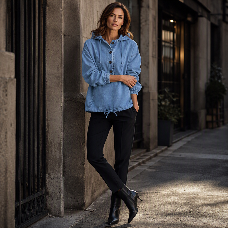 💙 Denim Comfort, Easy Layers | Women's Oversized Button-Up Denim Hoodie