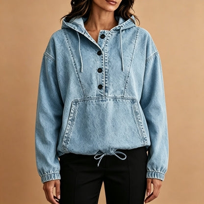 💙 Denim Comfort, Easy Layers | Women's Oversized Button-Up Denim Hoodie