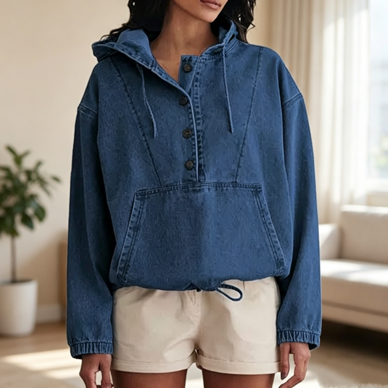 💙 Denim Comfort, Easy Layers | Women's Oversized Button-Up Denim Hoodie