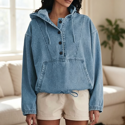 💙 Denim Comfort, Easy Layers | Women's Oversized Button-Up Denim Hoodie