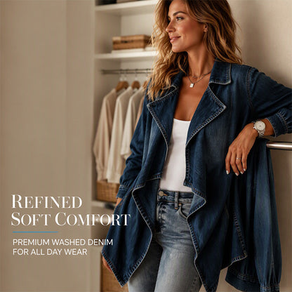 💙 Soft Denim, Effortless Drape | Women's Open-Front Longline Denim Jacket