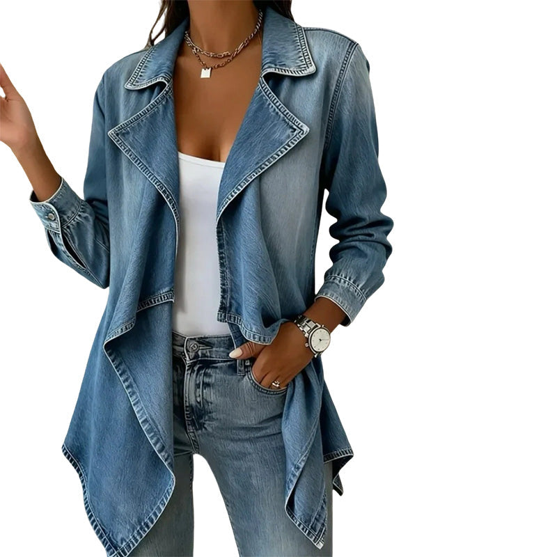 💙 Soft Denim, Effortless Drape | Women's Open-Front Longline Denim Jacket