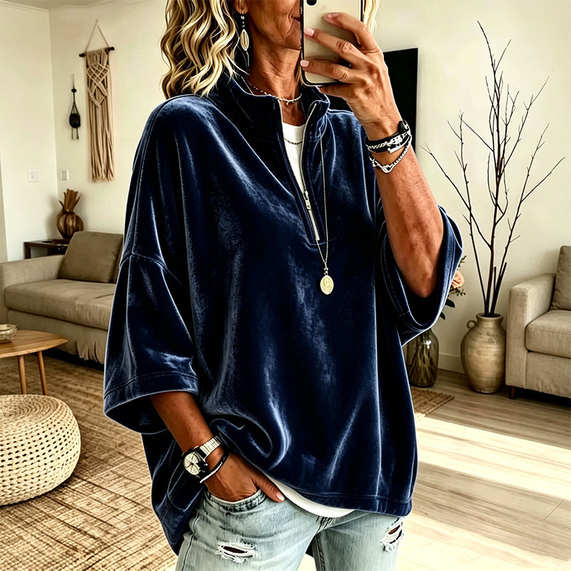 Women's 3/4 Sleeve Half-Zip Velvet Top