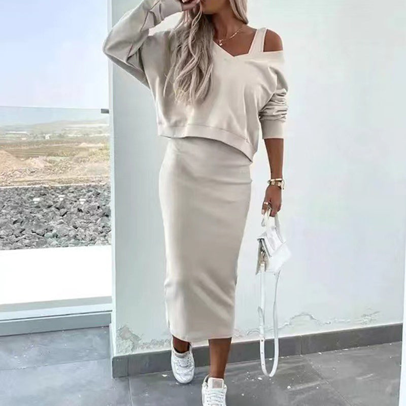 Women's Off-Shoulder Sweatshirt & Camisole Dress Set