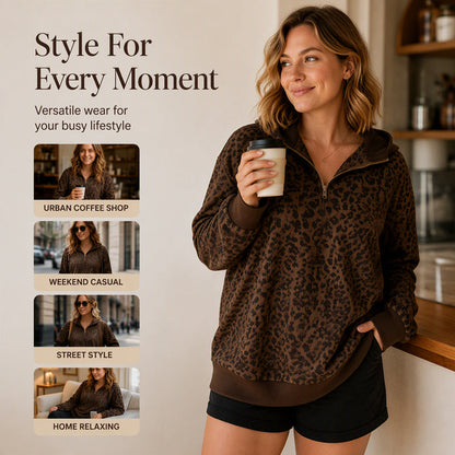 Women's Leopard Print Quarter-Zip Sweatshirt