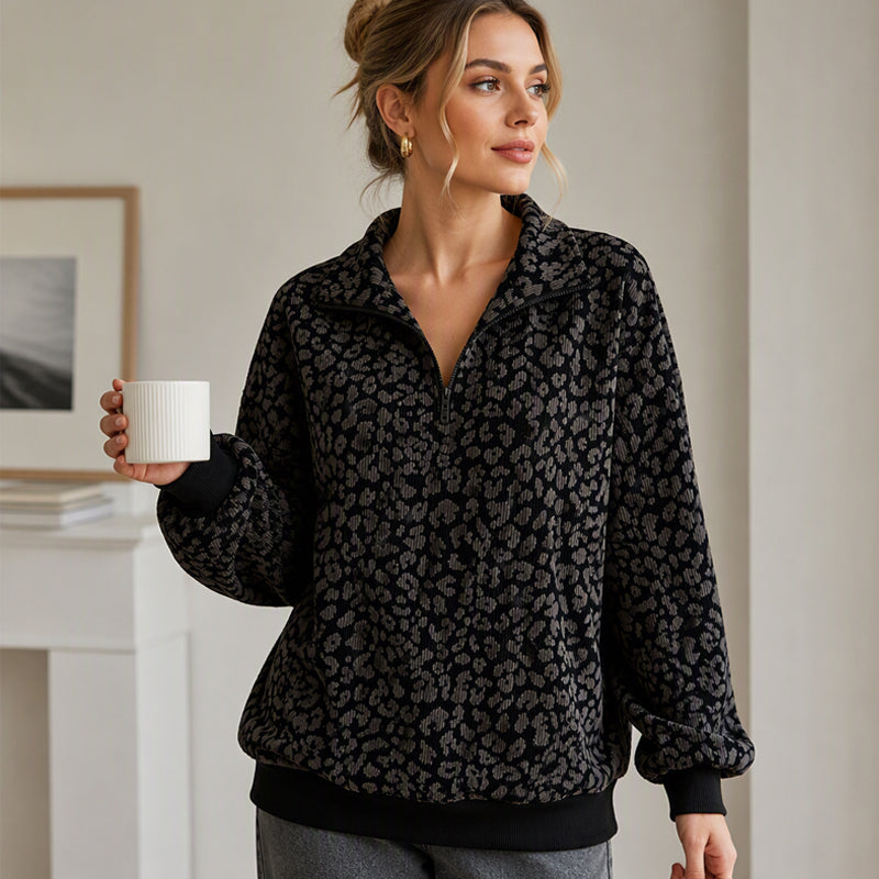 Women's Leopard Print Quarter-Zip Sweatshirt