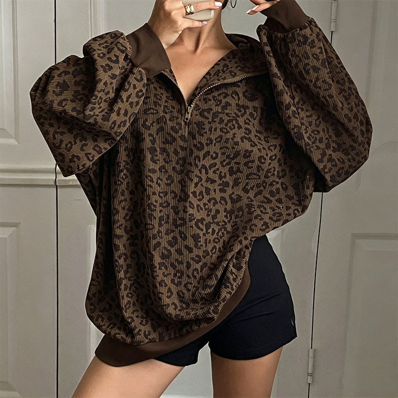 Women's Leopard Print Quarter-Zip Sweatshirt