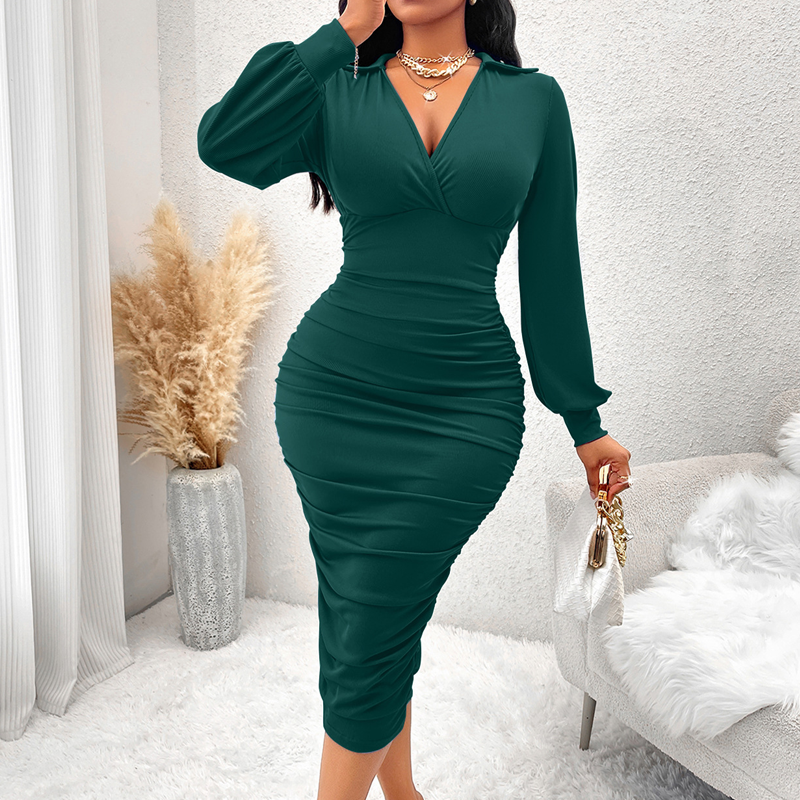 💃 Flattering Ruching, Elegant Curves | Women's V-Neck Lantern Sleeve Midi Dress