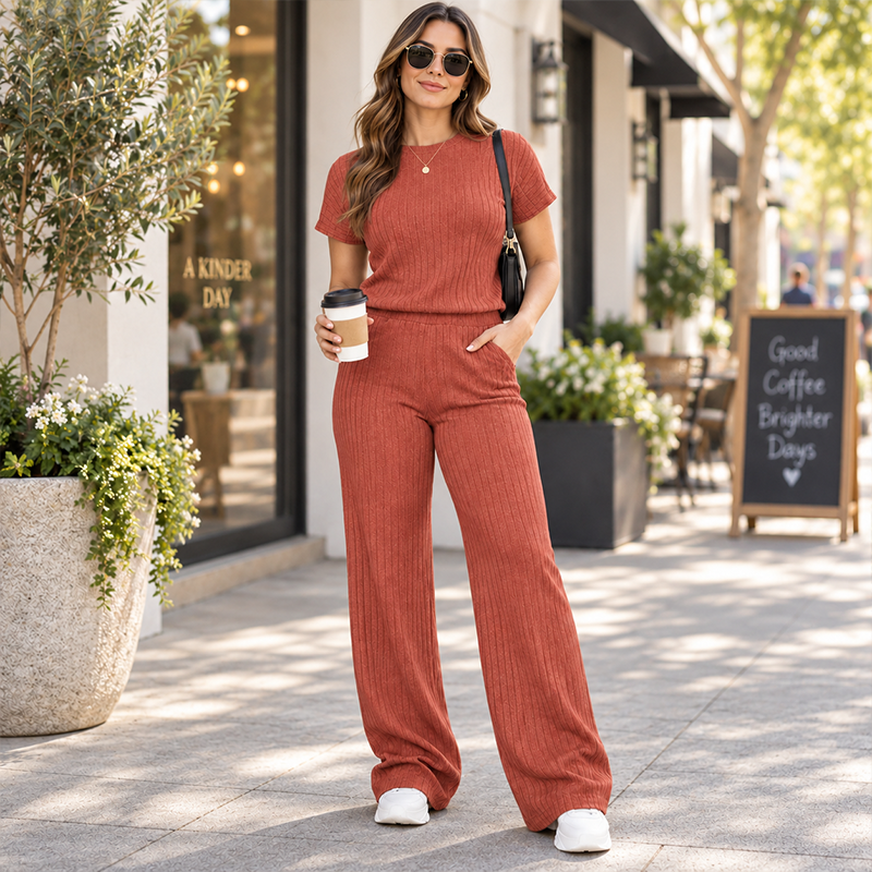Women's Ribbed Short Sleeve Top & Wide-Leg Pants Set
