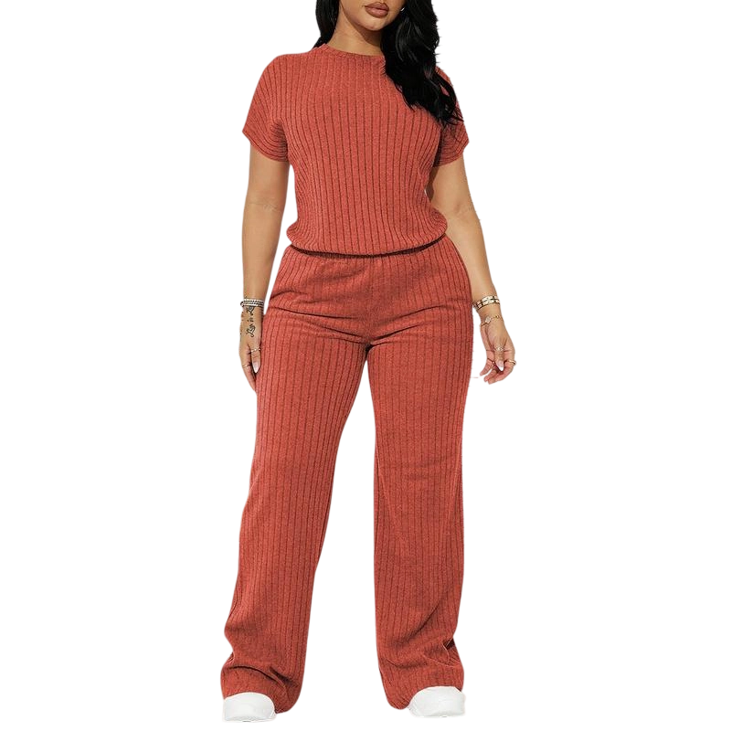 Women's Ribbed Short Sleeve Top & Wide-Leg Pants Set