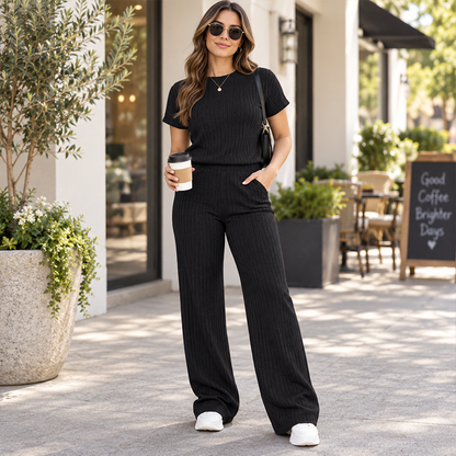 Women's Ribbed Short Sleeve Top & Wide-Leg Pants Set
