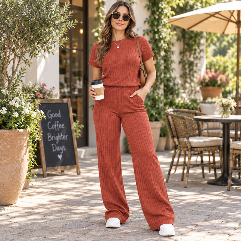 Women's Ribbed Short Sleeve Top & Wide-Leg Pants Set