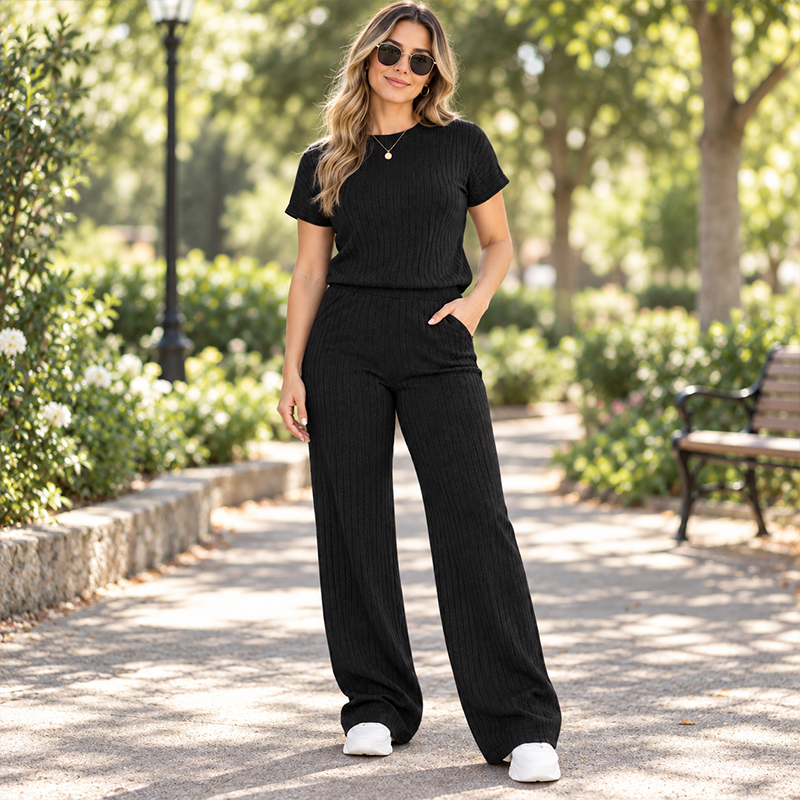Women's Ribbed Short Sleeve Top & Wide-Leg Pants Set