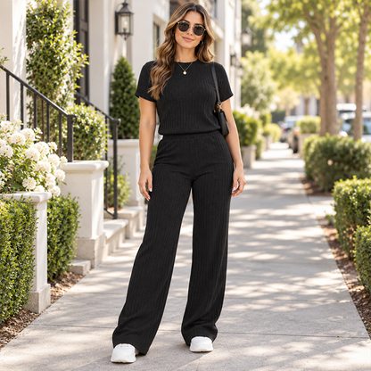 Women's Ribbed Short Sleeve Top & Wide-Leg Pants Set