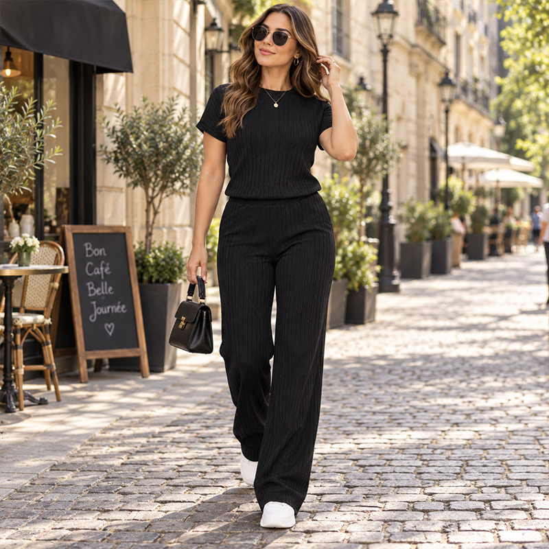 Women's Ribbed Short Sleeve Top & Wide-Leg Pants Set