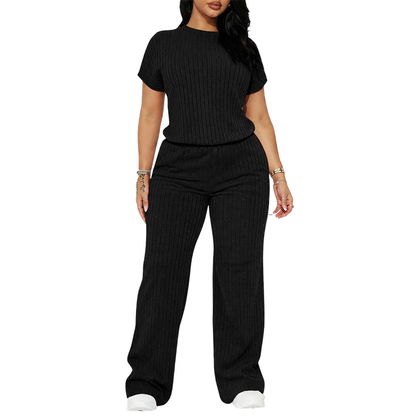 Women's Ribbed Short Sleeve Top & Wide-Leg Pants Set