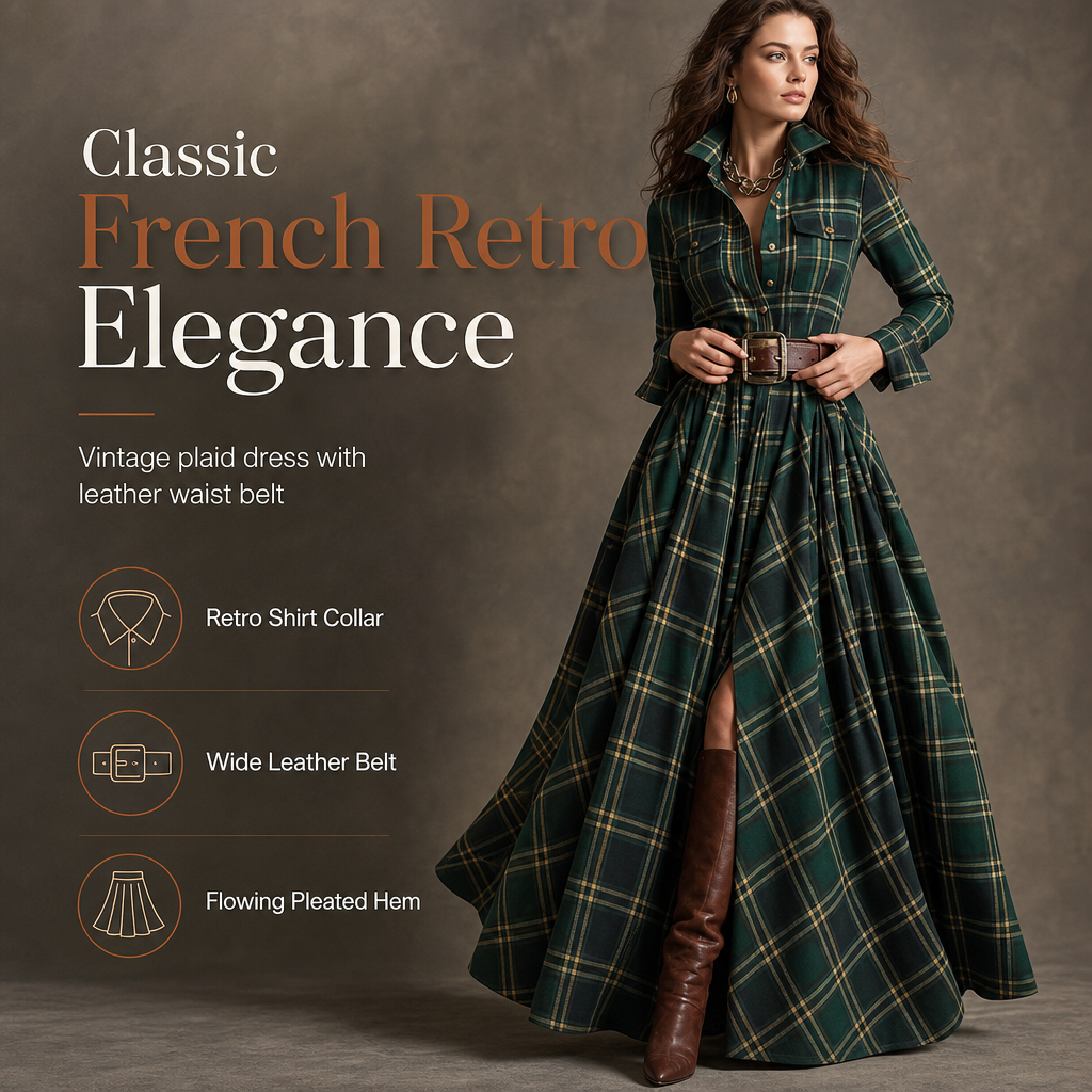 ✨ Cinched Waist, French-Inspired Plaid | Women's Pleated A-Line Dress ⚡