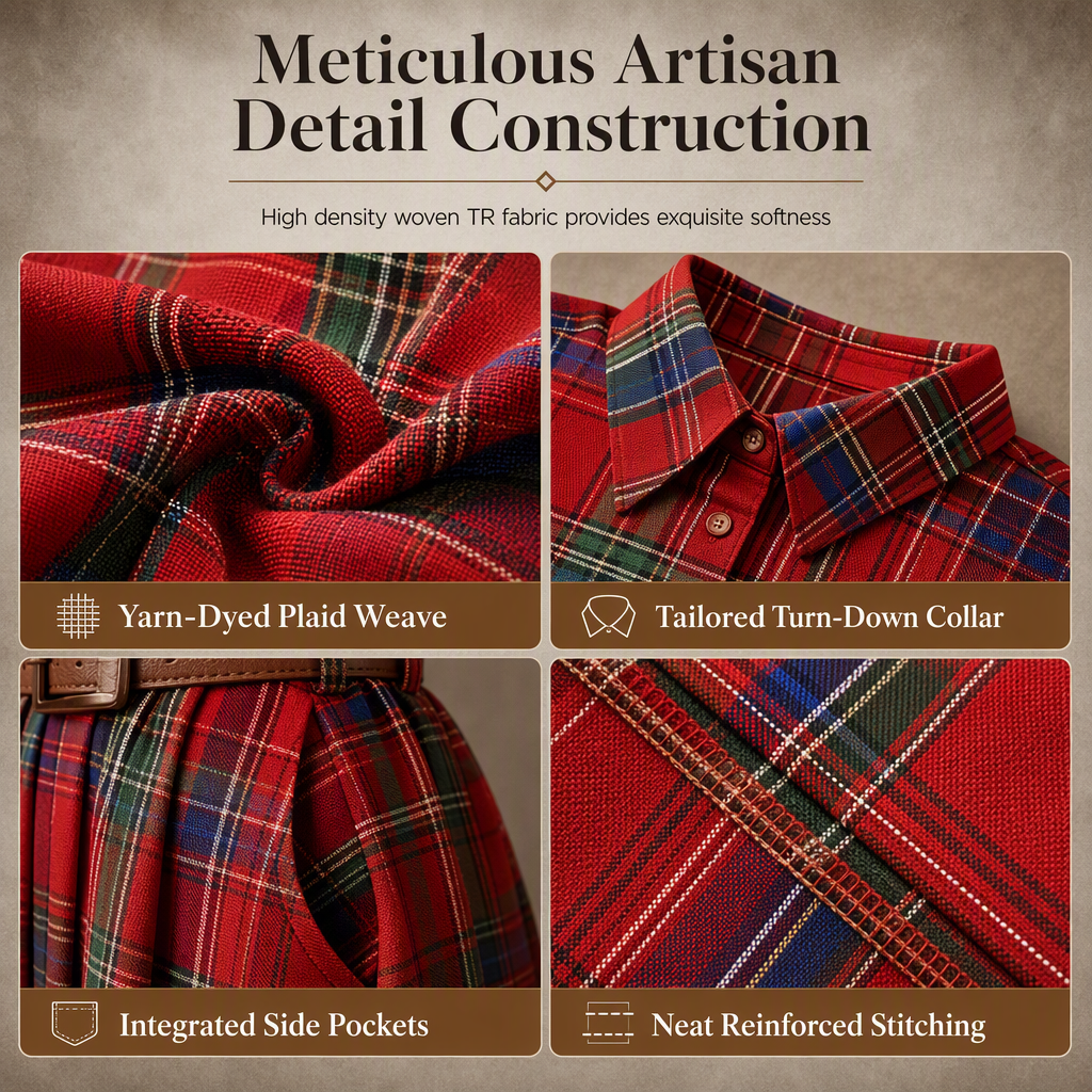 ✨ Cinched Waist, French-Inspired Plaid | Women's Pleated A-Line Dress ⚡