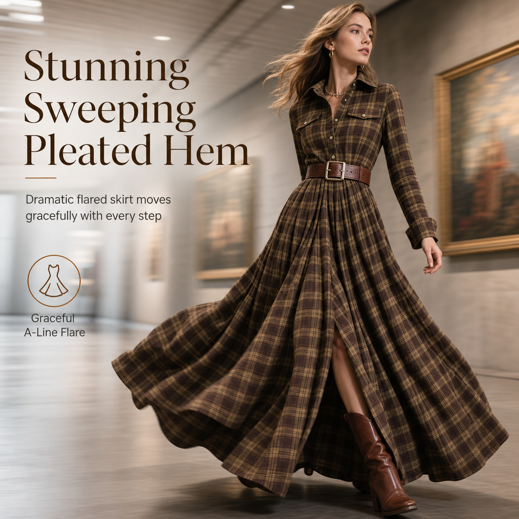 ✨ Cinched Waist, French-Inspired Plaid | Women's Pleated A-Line Dress ⚡