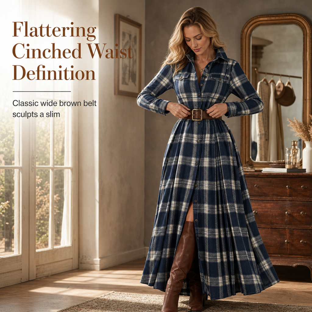 ✨ Cinched Waist, French-Inspired Plaid | Women's Pleated A-Line Dress ⚡