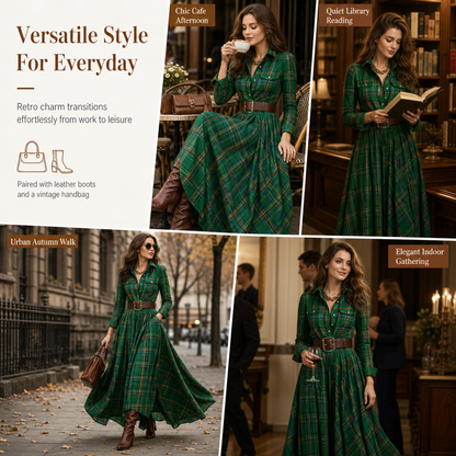 ✨ Cinched Waist, French-Inspired Plaid | Women's Pleated A-Line Dress ⚡