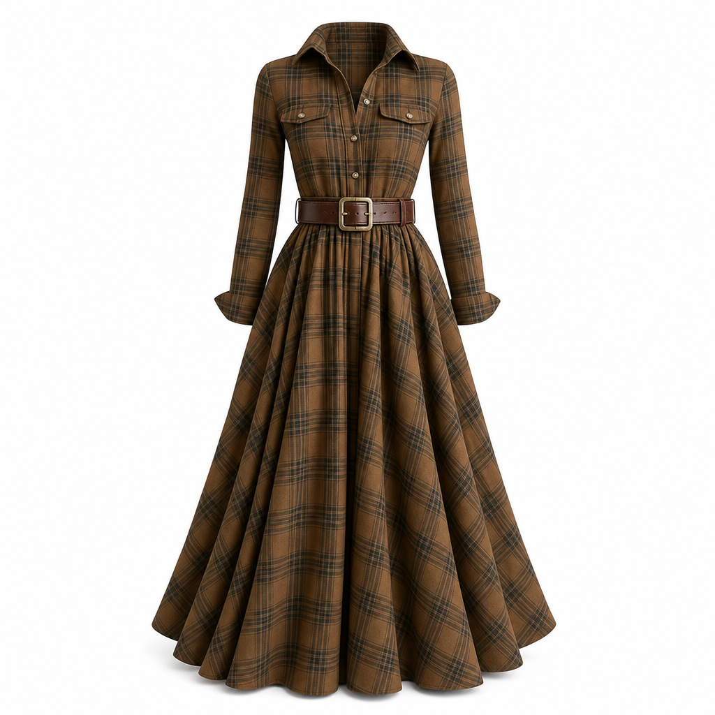 ✨ Cinched Waist, French-Inspired Plaid | Women's Pleated A-Line Dress ⚡