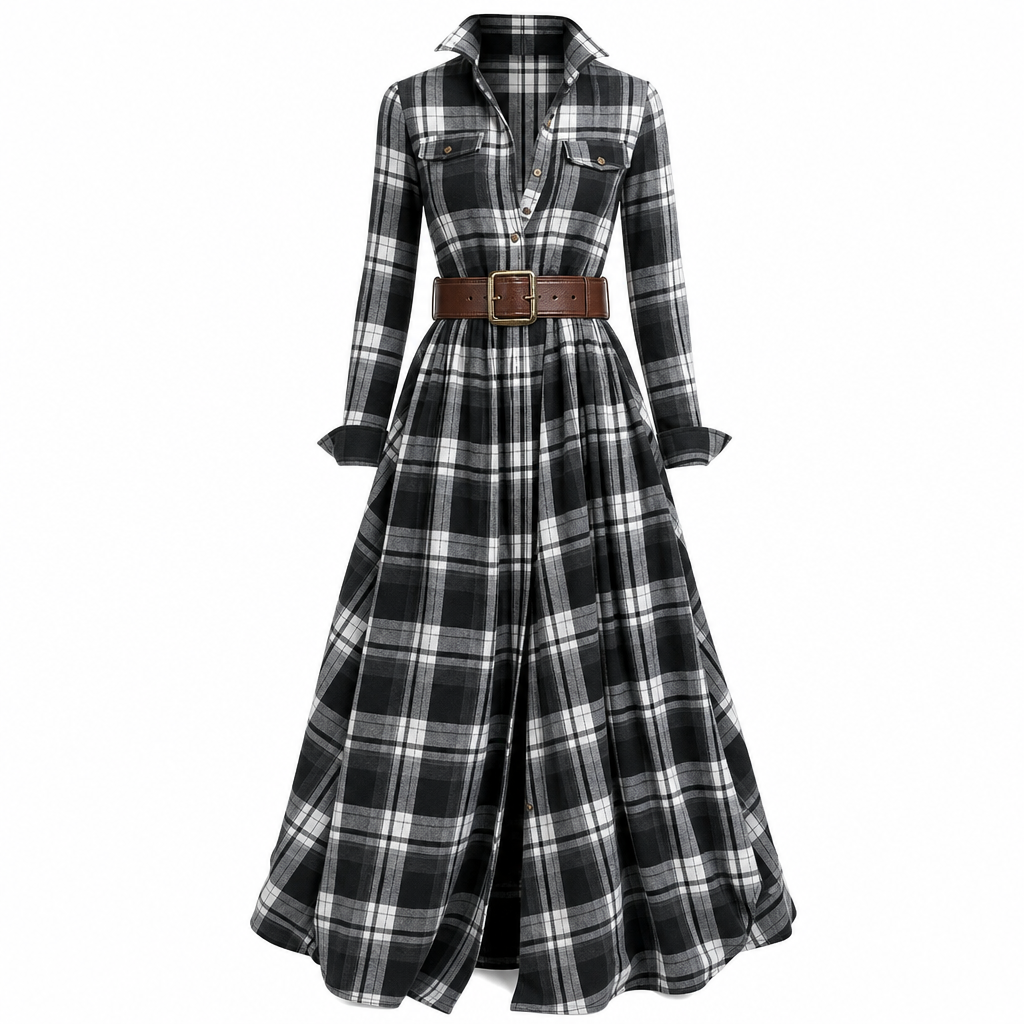 ✨ Cinched Waist, French-Inspired Plaid | Women's Pleated A-Line Dress ⚡