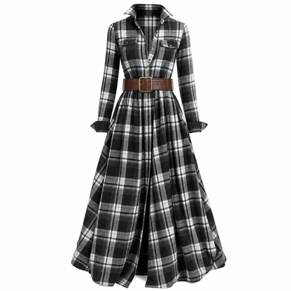 ✨ Cinched Waist, French-Inspired Plaid | Women's Pleated A-Line Dress ⚡