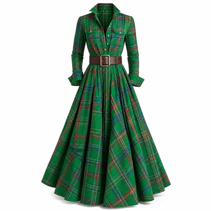 ✨ Cinched Waist, French-Inspired Plaid | Women's Pleated A-Line Dress ⚡