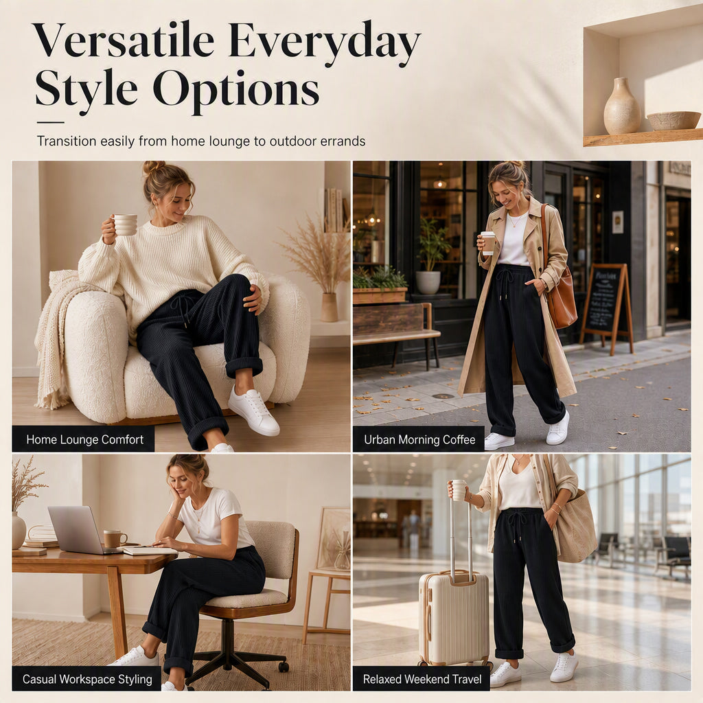 👖 Flattering Drape, All-Day Ease | Women's Ribbed Drawstring Wide-Leg Pants