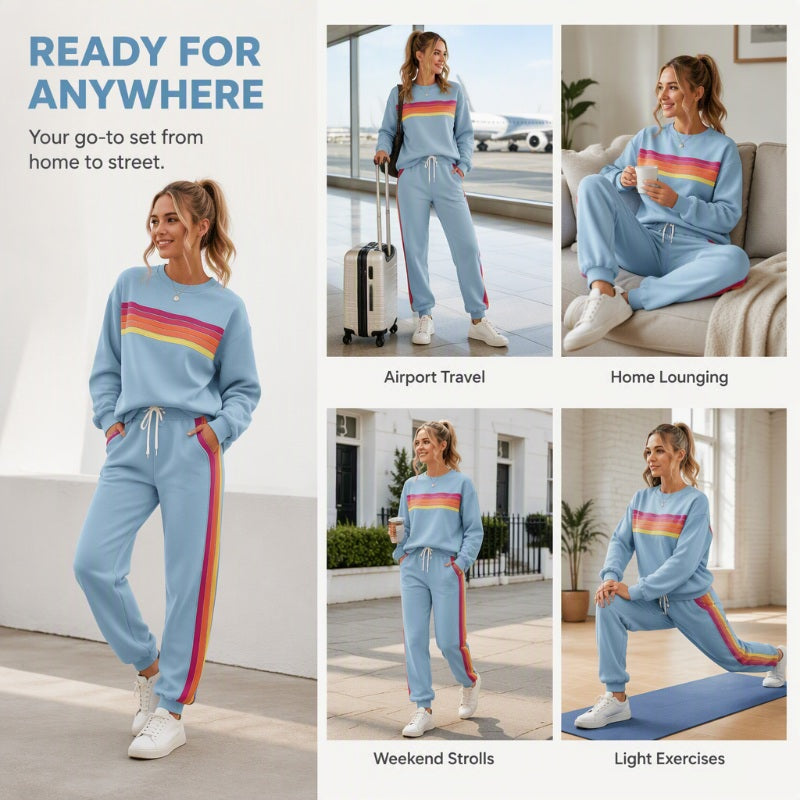 🌈 One Set, Effortless Retro Style | Women's Rainbow Appliqué 2-Piece Set ⚡