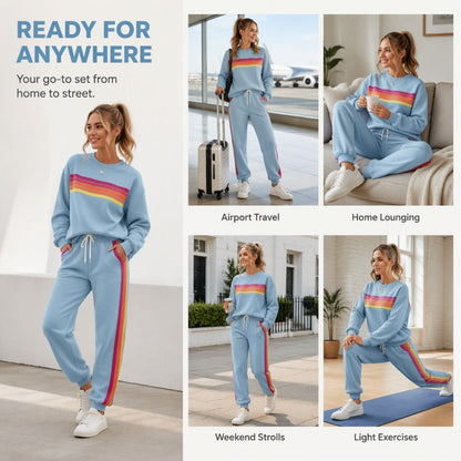 🌈 One Set, Effortless Retro Style | Women's Rainbow Appliqué 2-Piece Set ⚡