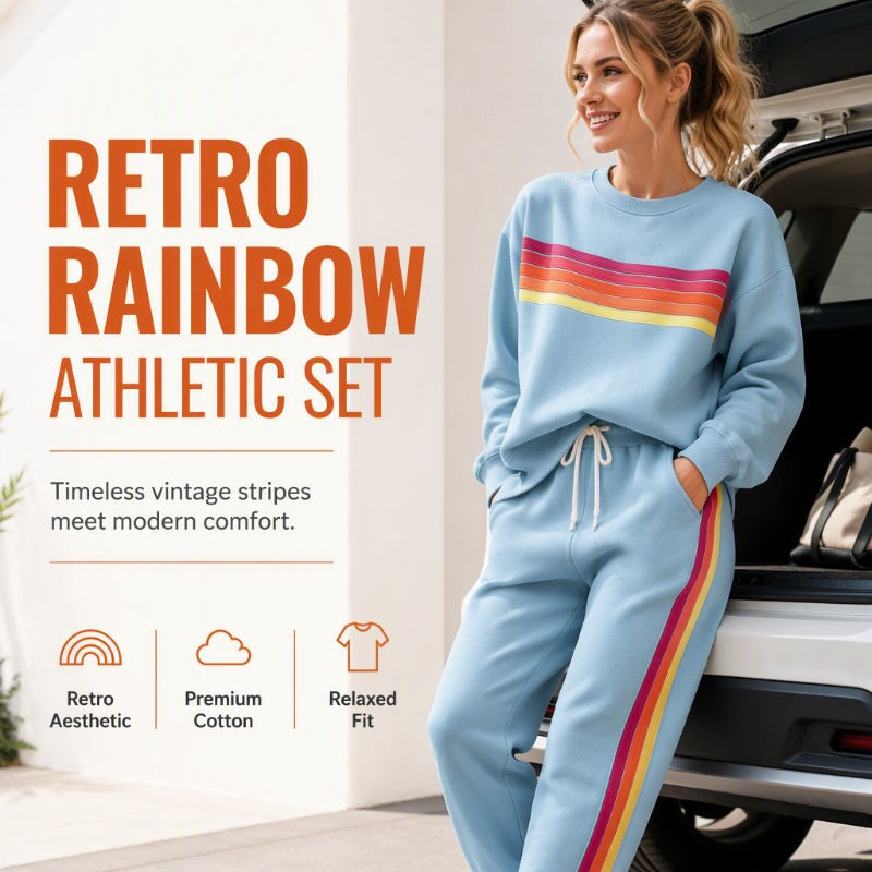 🌈 One Set, Effortless Retro Style | Women's Rainbow Appliqué 2-Piece Set ⚡