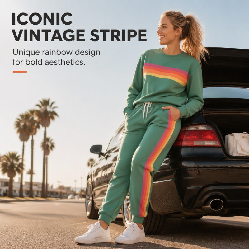 🌈 One Set, Effortless Retro Style | Women's Rainbow Appliqué 2-Piece Set ⚡