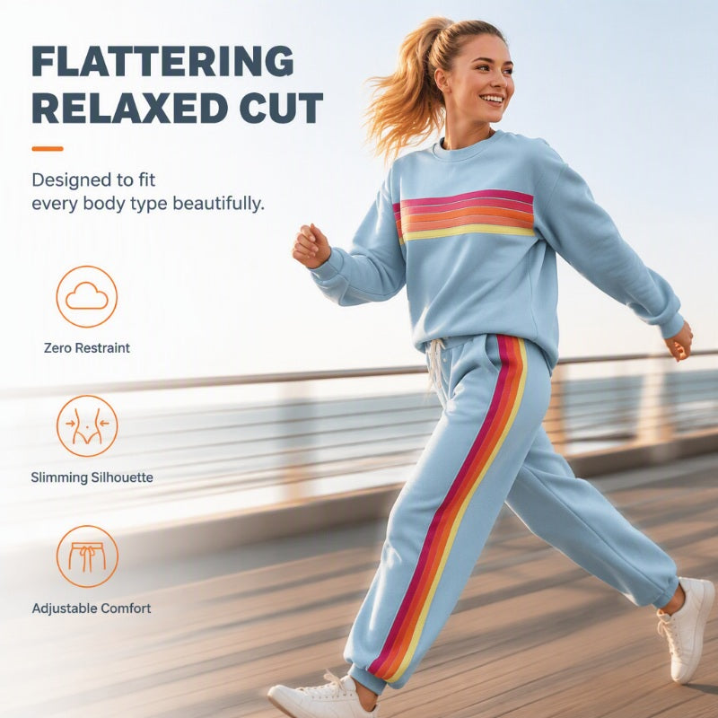 🌈 One Set, Effortless Retro Style | Women's Rainbow Appliqué 2-Piece Set ⚡