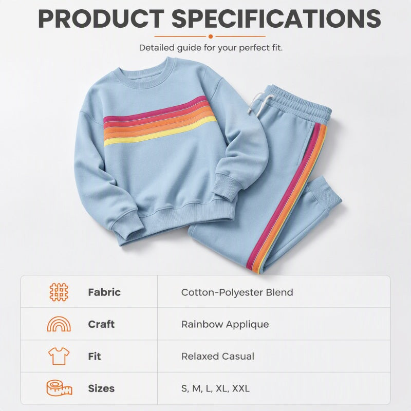 🌈 One Set, Effortless Retro Style | Women's Rainbow Appliqué 2-Piece Set ⚡