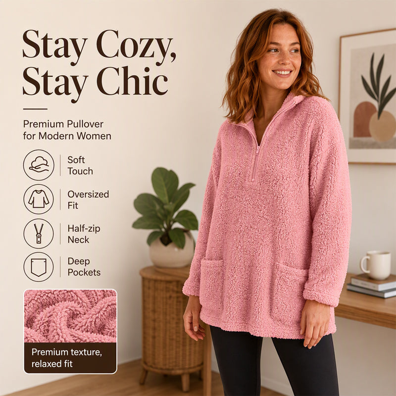 Women's Half-Zip Plush Sweatshirt with Pockets